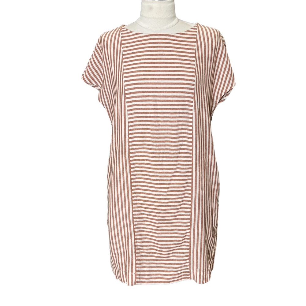 MADEWELL Linen Blend Sheath Dress Button Down Back Stripped Neutral Tones XS